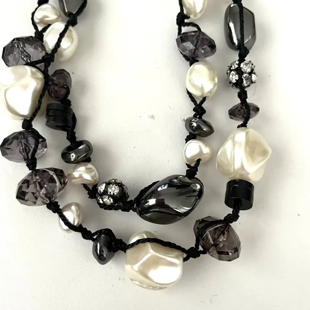 Chico’s Necklace Faux White Gray Pearls Gunmetal Rhinestones Chunky 16